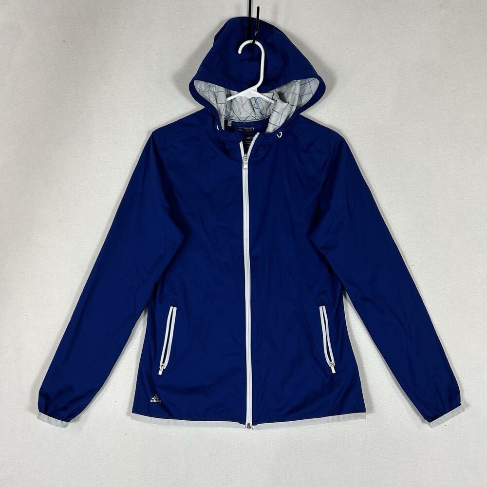 Adidas Climastorm Full Zip Hooded Rain Jacket Womens Medium Blue Mid Length Top